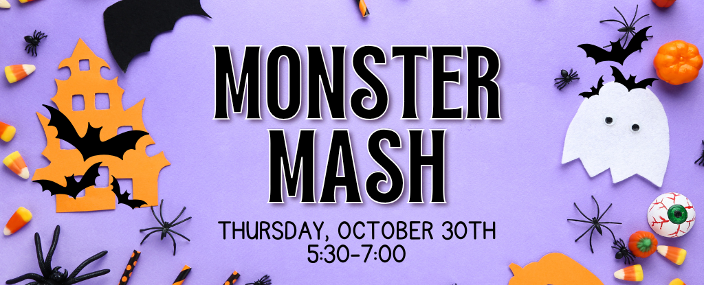 Halloween-themed invitation with bats, candy, and a haunted house design.