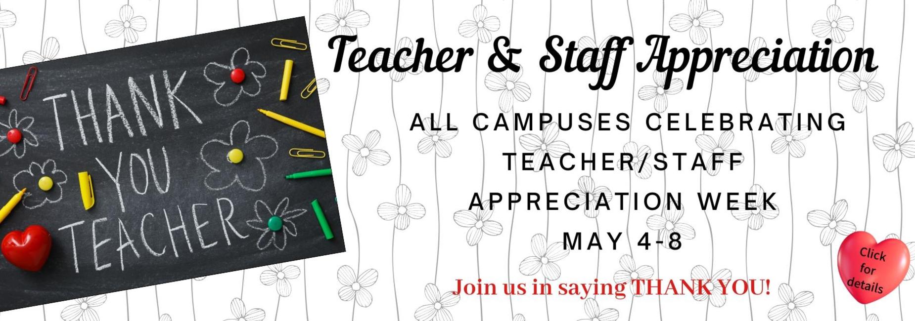 Chalkboard with colorful decorations announcing Teacher & Staff Appreciation Week.