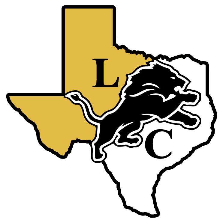 Leverett's Chapel Logo. Yellow and white Texas with Lion and letter L C.