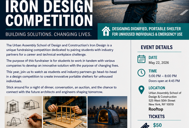Event flyer for Iron Design Competition with details and urban design visuals.