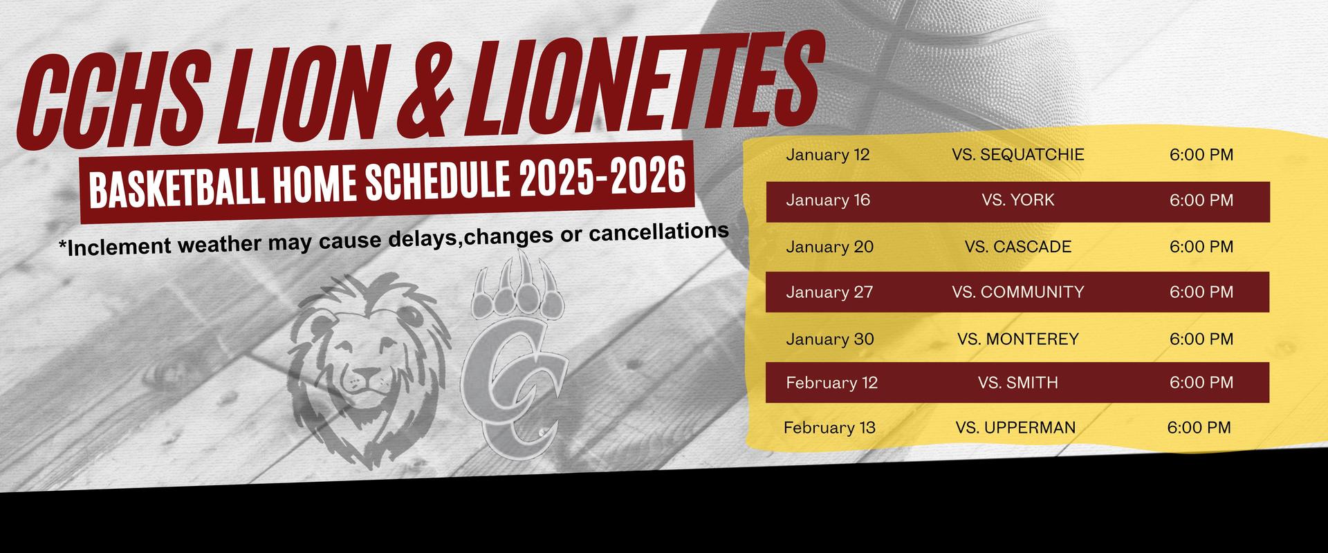 CCHS Basketball home schedule