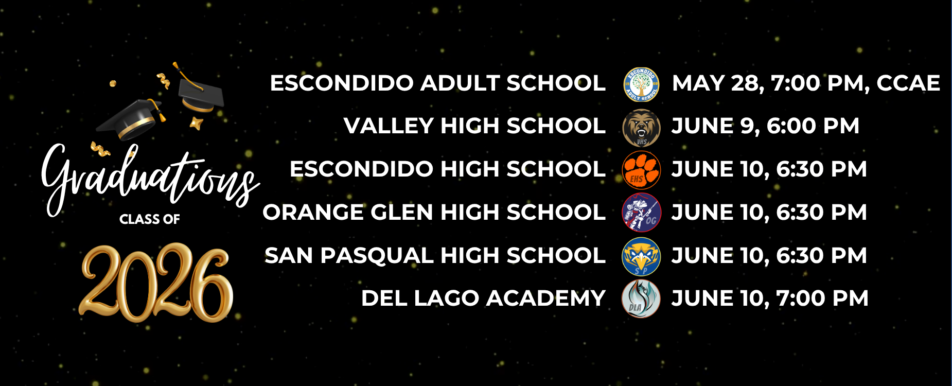 Graduation schedule with dates and times for various schools in 2026.