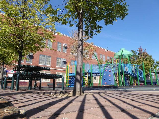 A playground with colorful equipment and trees in a schoolyard.