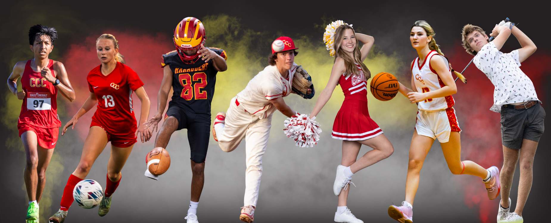 Collage of Marauder Athletes (cross country runner, soccer player, football kicker, baseball pitcher, cheerleader, basketball player, golfer) against smoky background