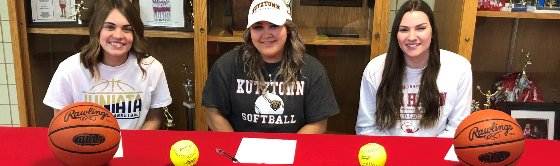 College Signing: Jenna Mock (Juniate to play basketball), Cameryn Feathers (Kutztown to play softball), and Kylie Metzger (Lock Haven to play basketball). Congratulations!