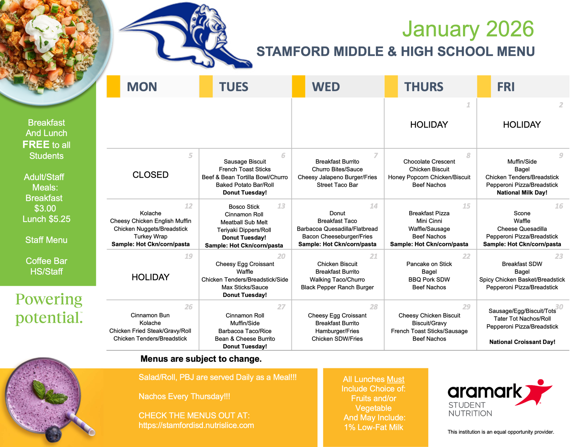HS and MS January Menu 2026