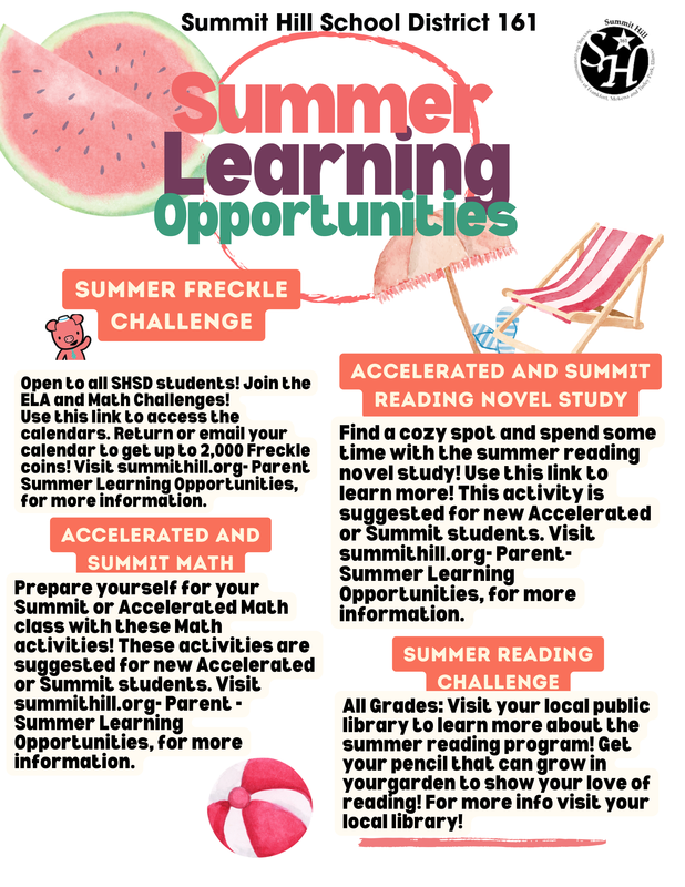 Summer Learning Opportunities including the Summer Freckle Challenge, Accelerated & Summit Math, Accelerated & Summit Reading Novel Study, and Summer Reading Challenge