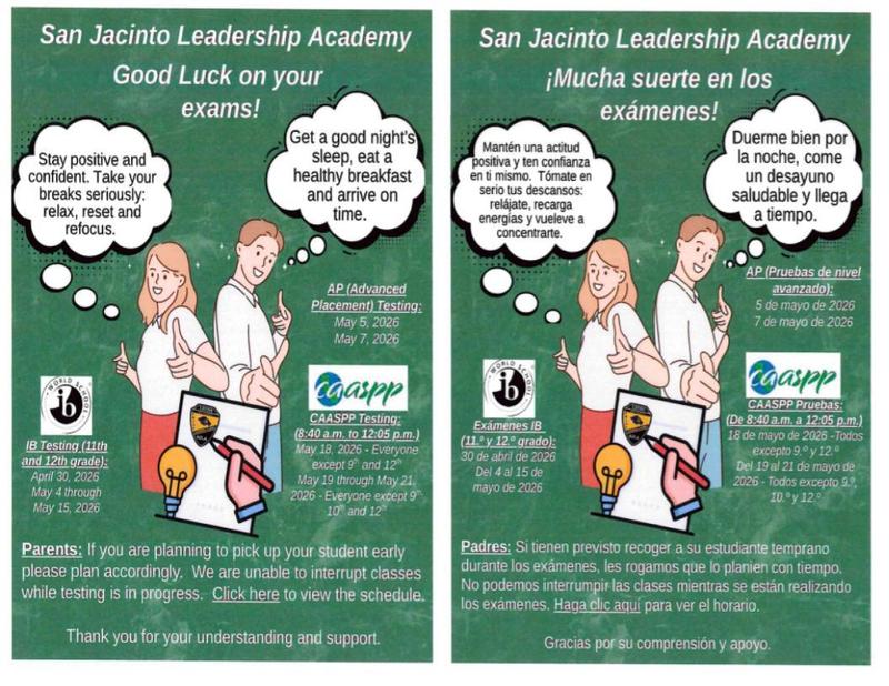 End of Year Testing Schedule for SJLA 2026