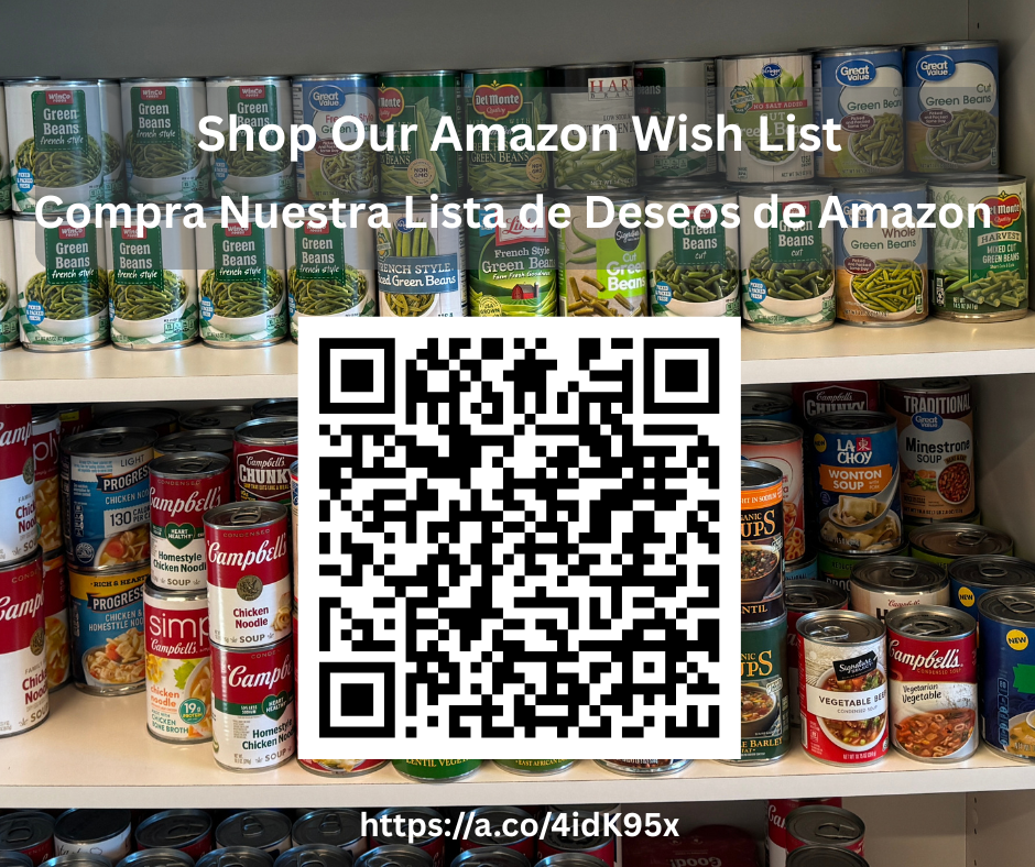 Canned good in the background & shop our amazon wish list with QR code