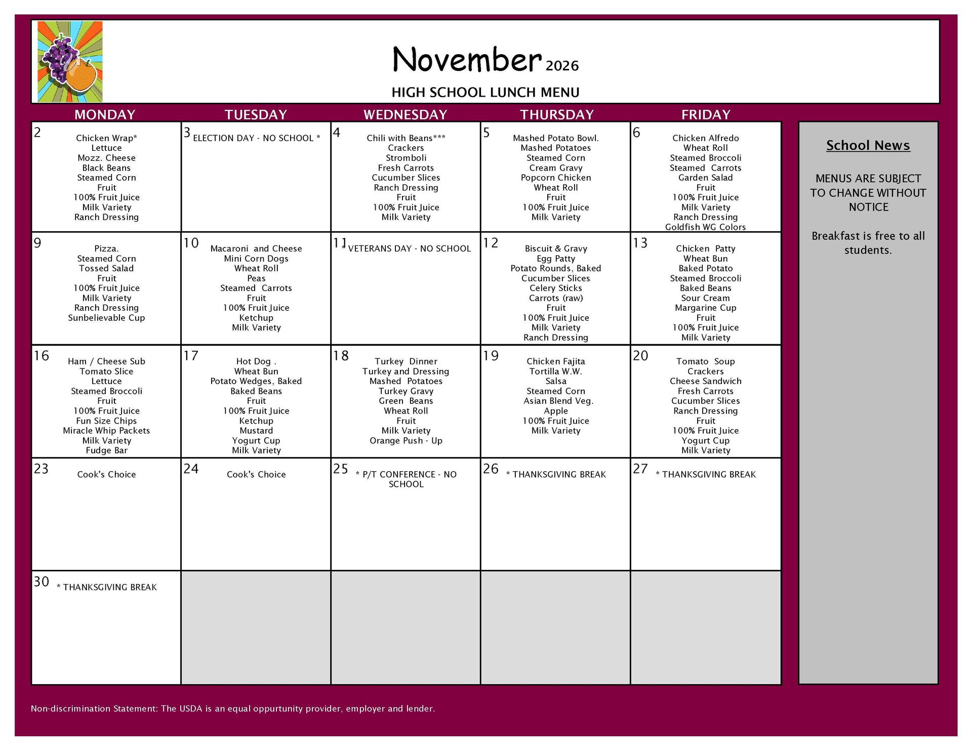 November Lunch Menu Grades 9-12