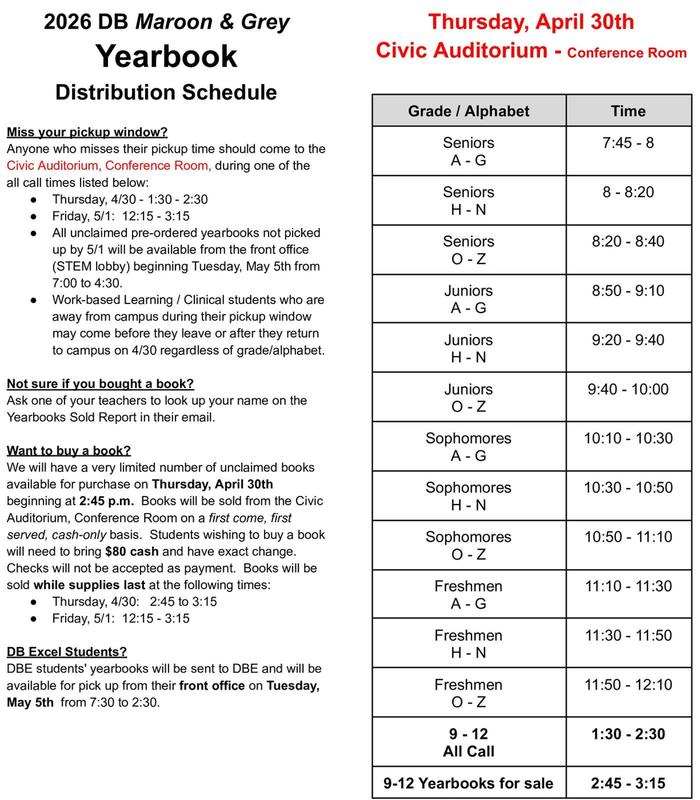 Yearbook Distribution Schedule for April 30 and May 1 at D-B