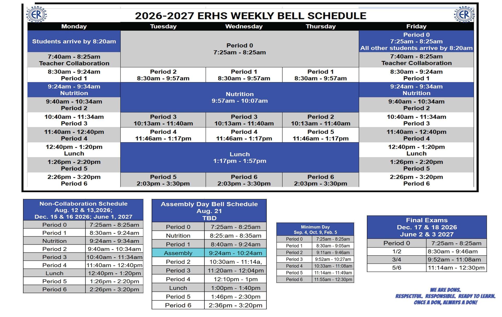 2026-2027 ERHS Weekly Bell Schedule