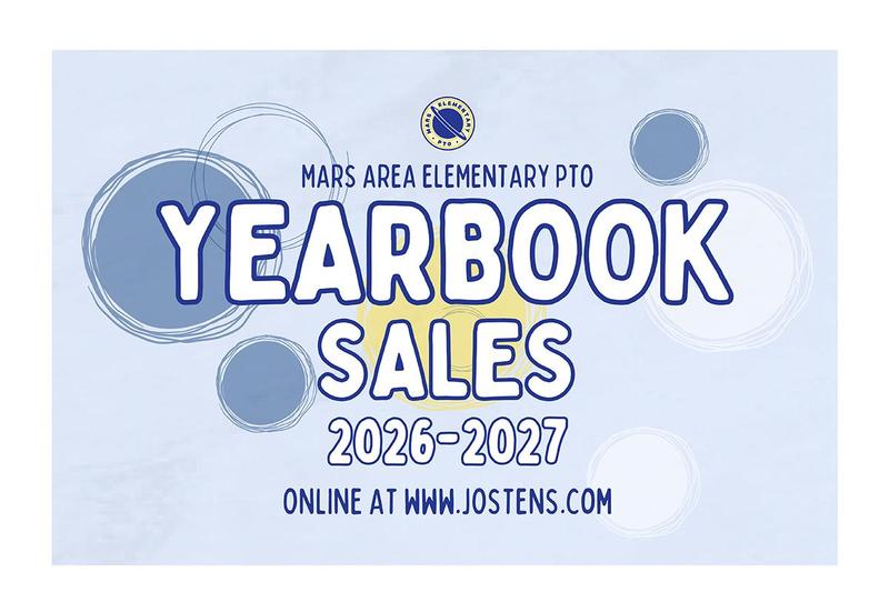 Promotional graphic for yearbook sales at Mars Area Elementary PTO 2026-2027.