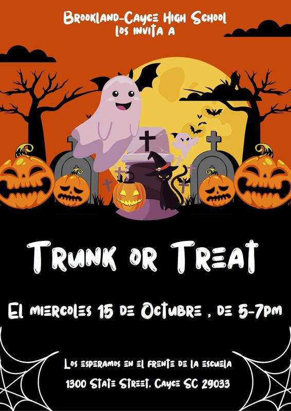 Illustration of costumed trick or treaters with Trunk or Treat event info (Spanish language)