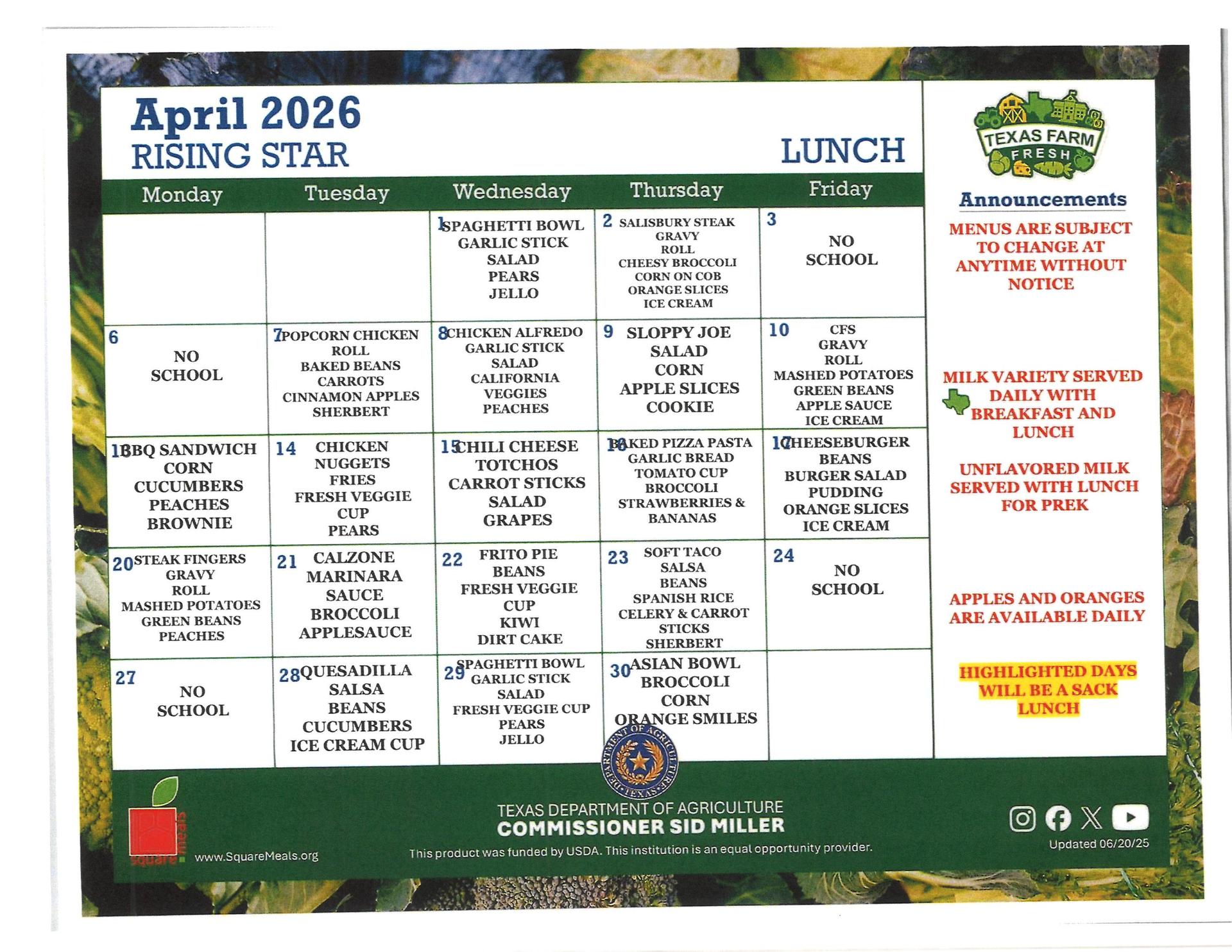 April Menu