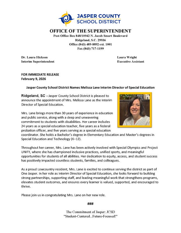 Jasper County School District Names Melissa Lane Interim Director of Special Education Featured Photo