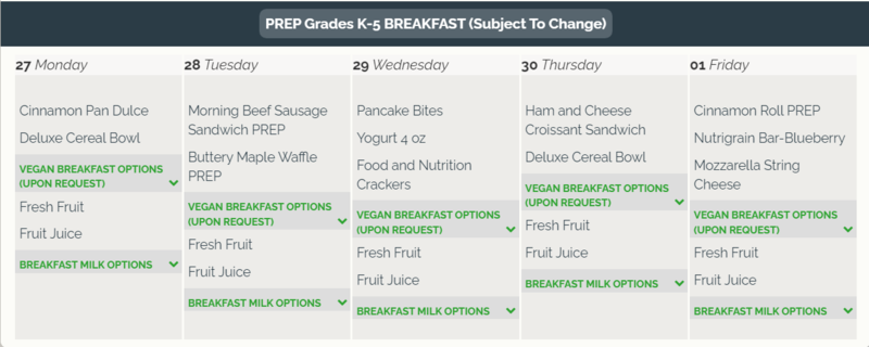 Breakfast Menu/ Desayuno para la semana