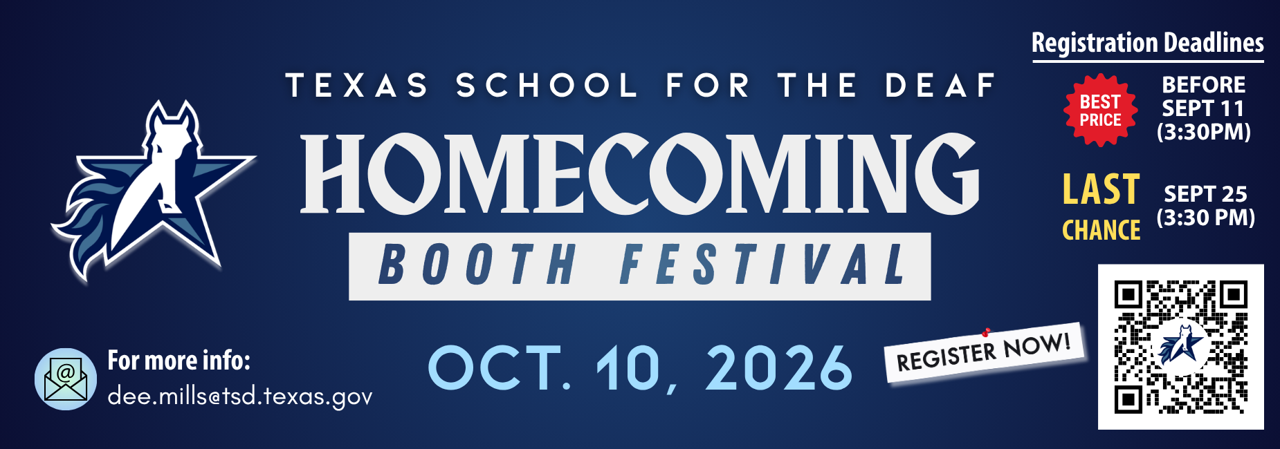 Banner for Texas School for the Deaf Homecoming Booth Festival with event details and QR code.