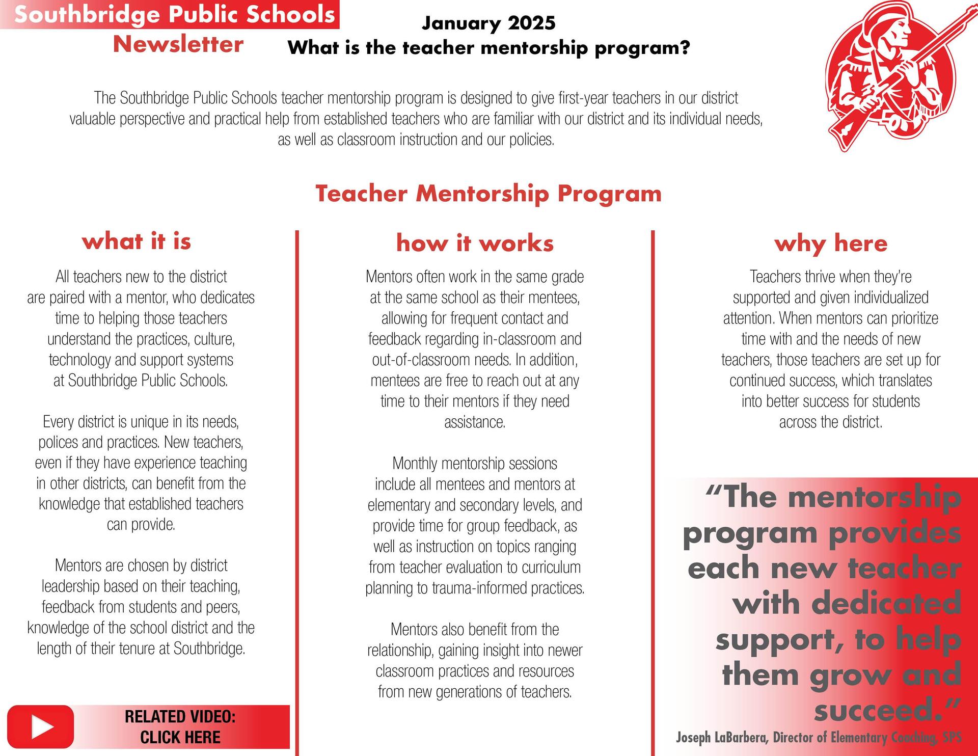 Newsletter detailing the teacher mentorship program at Southbridge Public Schools