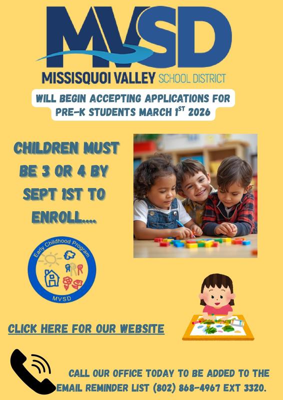 MVSD, Will begin accepting applications for Pre-k students on March 1st, 2026. Children must be between 3 or 4 by September 1st to enroll.