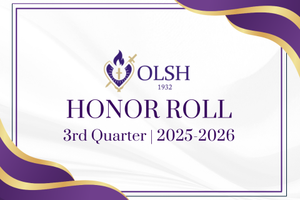 certificate style graphic with purple and gold corners with text OLSH Honor Roll