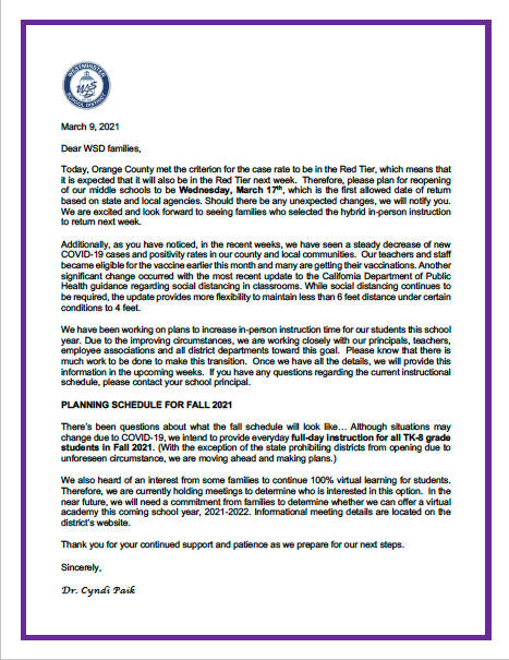 A message from Superintendent Dr. Paik - March 9, 2021