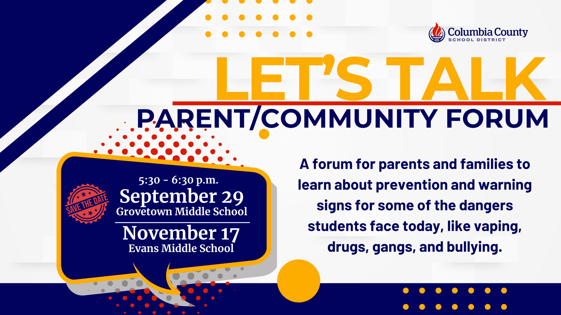 Event promotional graphic for a parent/community forum with details on dates and topics.