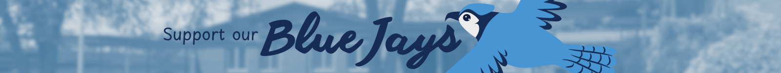 Blue-filtered image of the school with blue text matching headline and a Blue Jay graphic.
