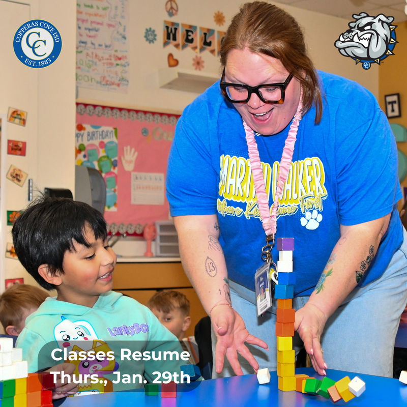 Graphic with CCISD logo. Photo of teacher student playing in classroom. Classes resume Thursday, Jan. 29th.