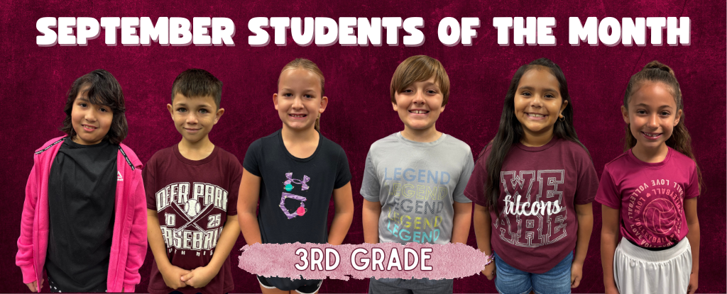 Six students in 3rd grade posing for the September Students of the Month banner.