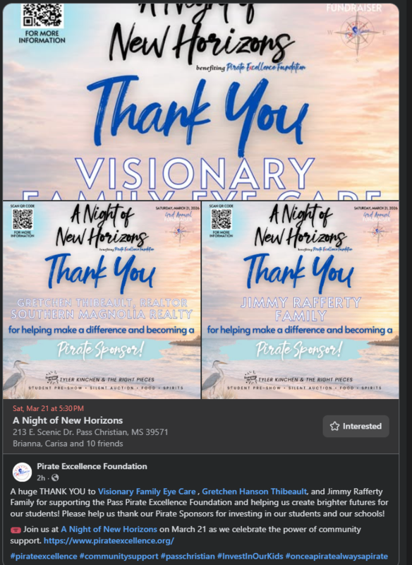 A huge THANK YOU to Visionary Family Eye Care , Gretchen Hanson Thibeault, and Jimmy Rafferty Family for supporting the Pass Pirate Excellence Foundation and helping us create brighter futures for our students!