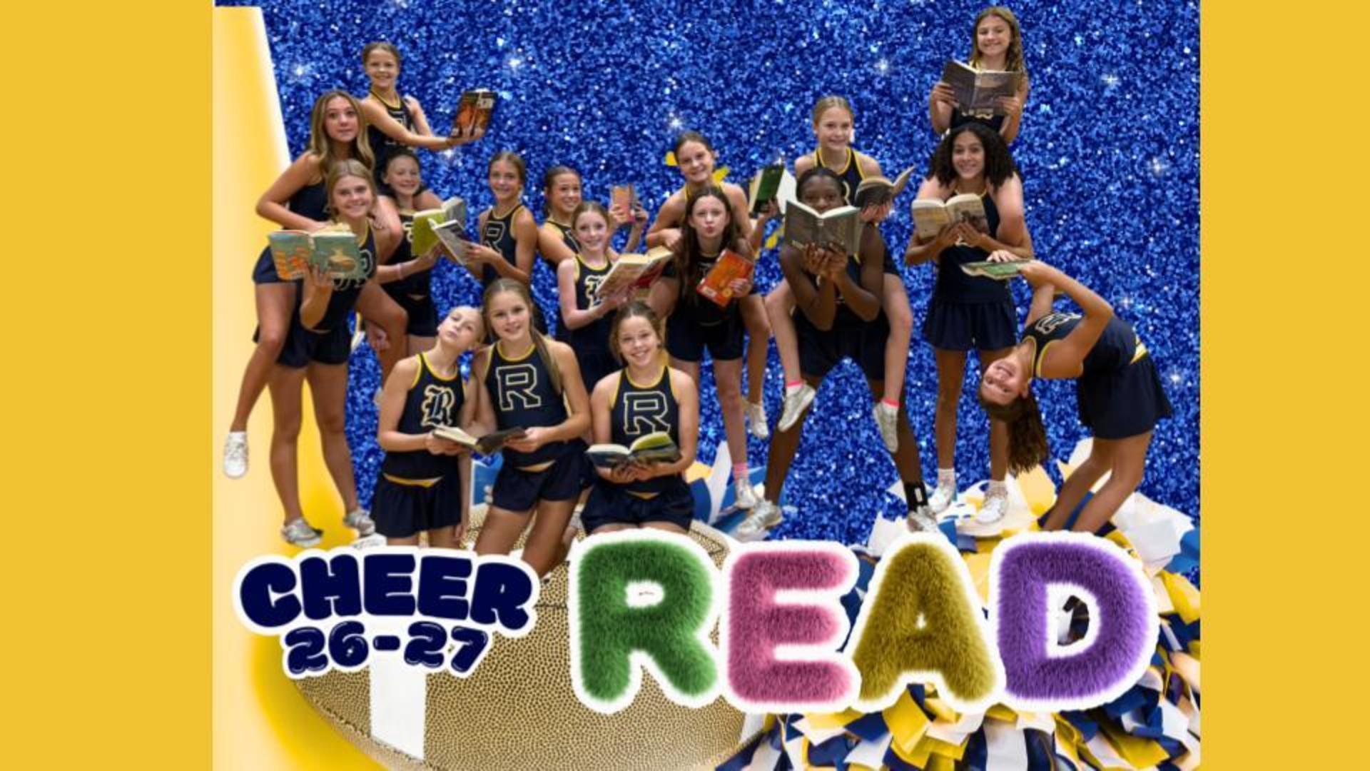 Cheer team posing with books against a sparkling blue background.