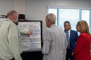 A staff member presents student data on a flip chart to visiting CSBA leaders during a Data Protocol Professional Development session.