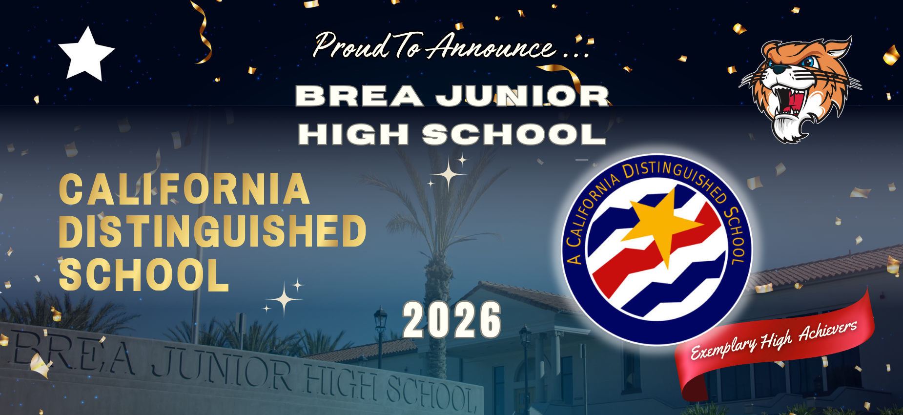 Banner announcing Brea Junior High School as a California Distinguished School for 2026.