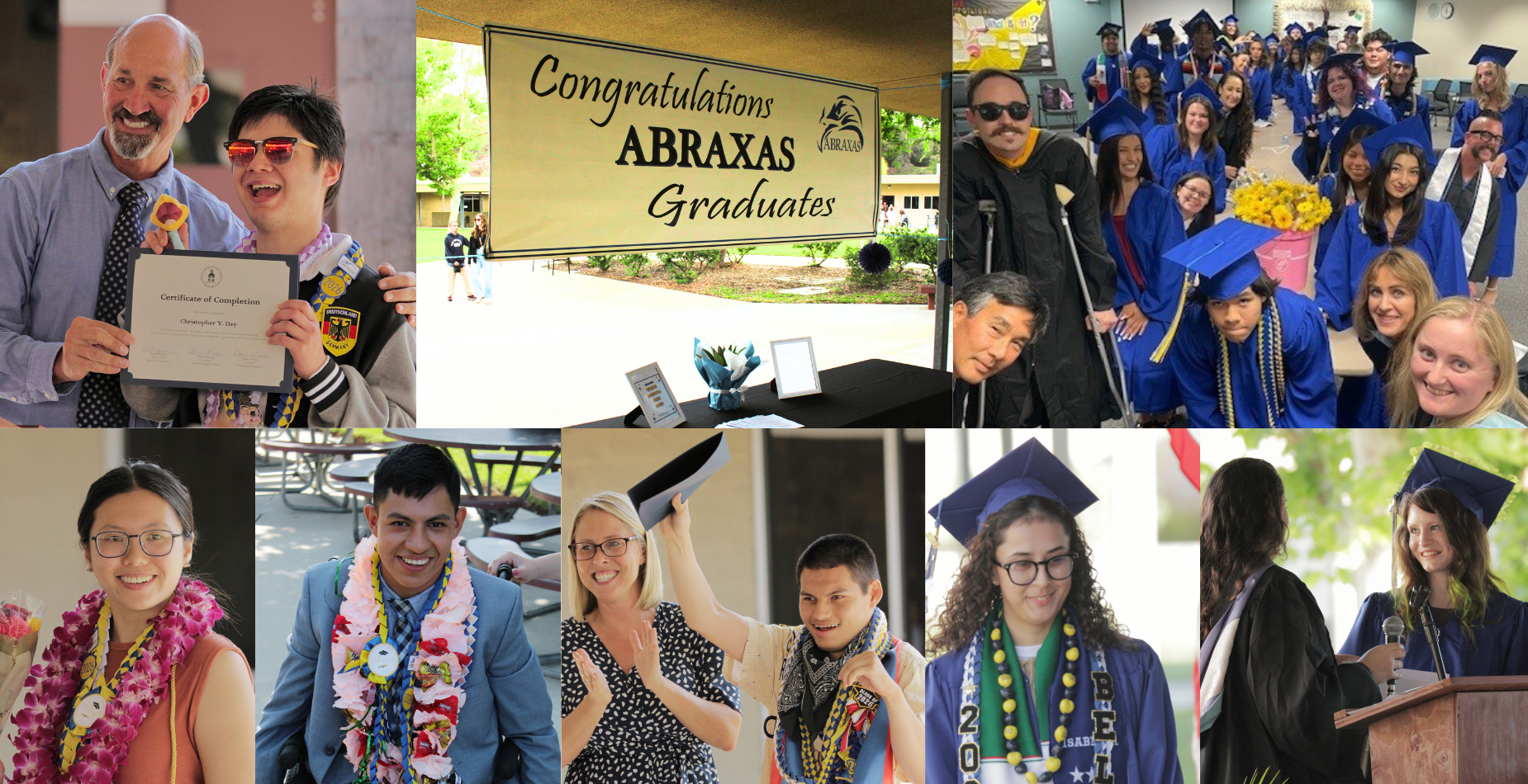 Pictures of Adult Transition and Diploma students at the June 2026 graduation. There is also a picture of a banner that says "Congratulations Abraxas Graduates".