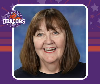 Susan Abrahamsen headshot with GVA DC dragon logo on a purple and orange background