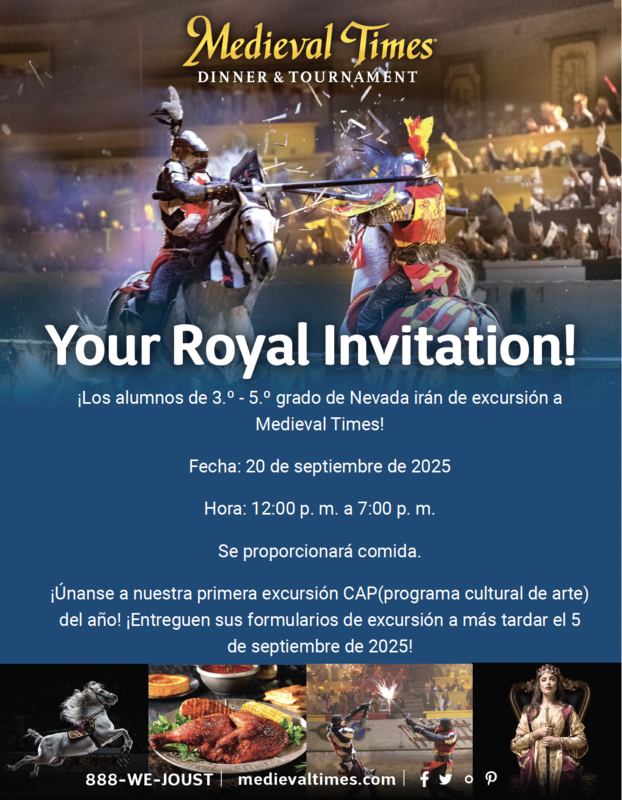 Medieval Times invitation. 3-5 will be going on a field trip 9/20/25 from 12-7pm.