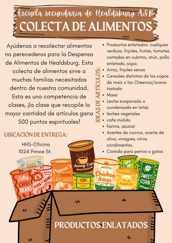 Spanish flyer with list of donatable food items and the drop off location