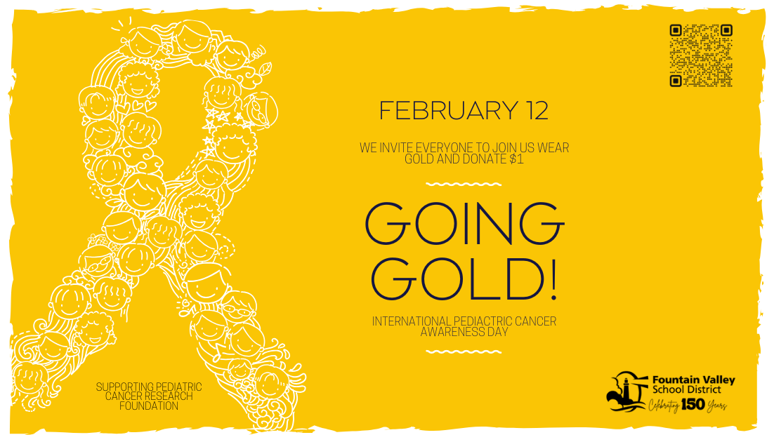 A flyer promoting International Pediatric Cancer Awareness Day with a gold ribbon and text.