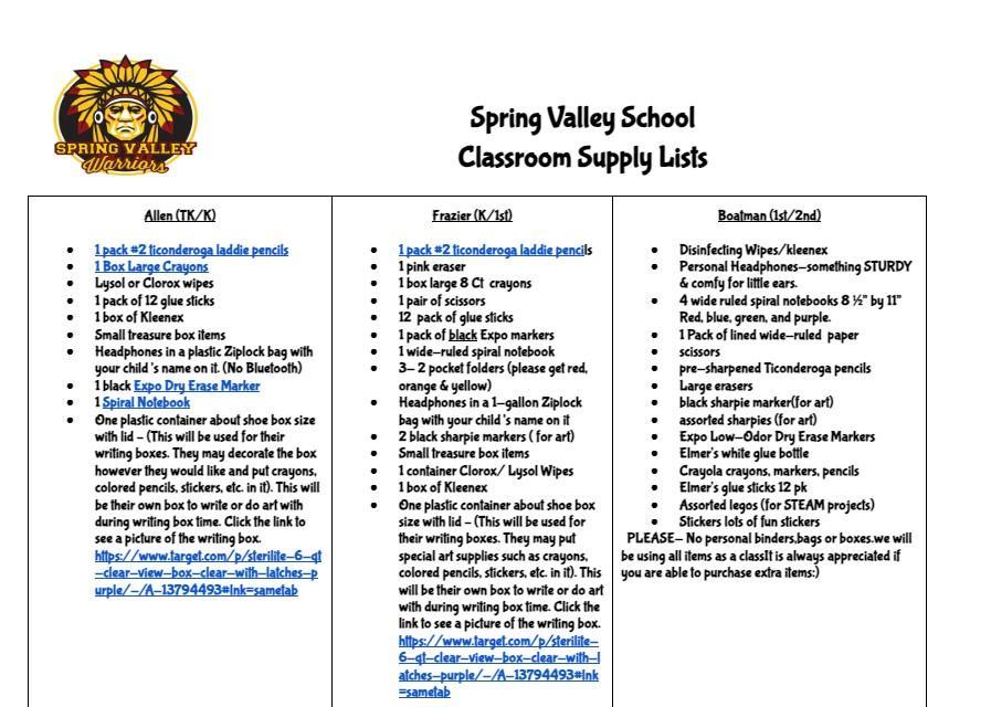 Class Supply Lists For Parents Spring Valley Elementary School