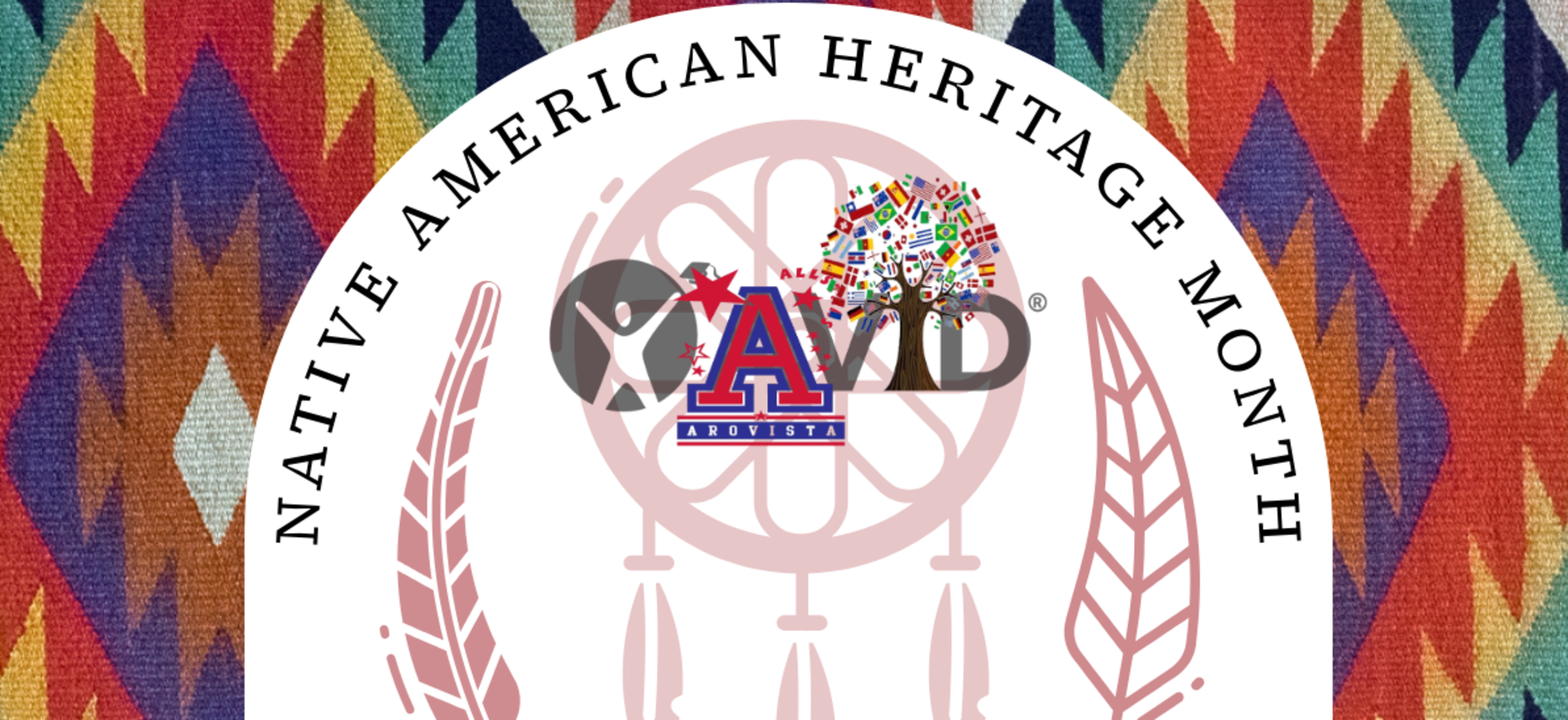 Logo for Native American Heritage Month featuring a dreamcatcher and colorful patterns.