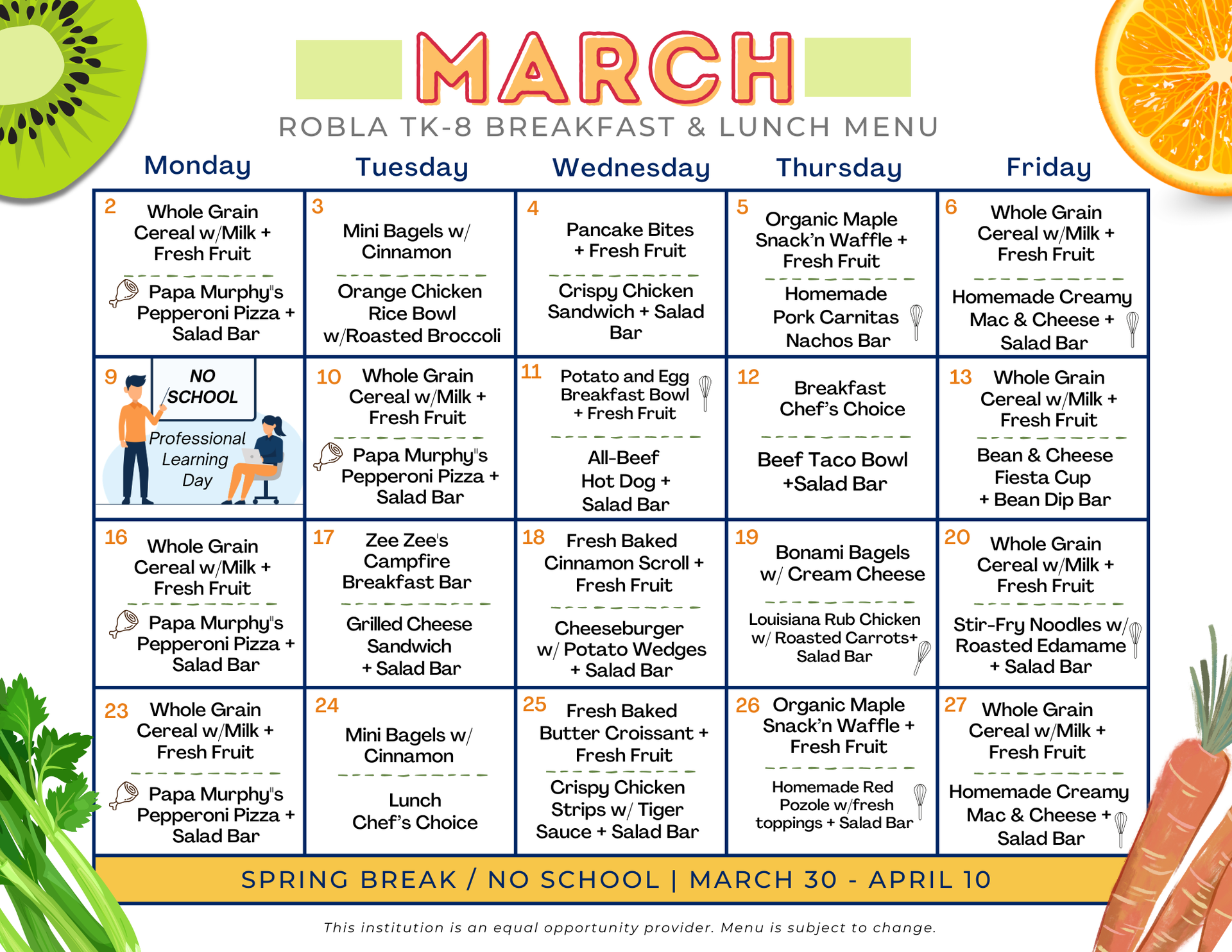 TK-8 Breakfast and Lunch Menu