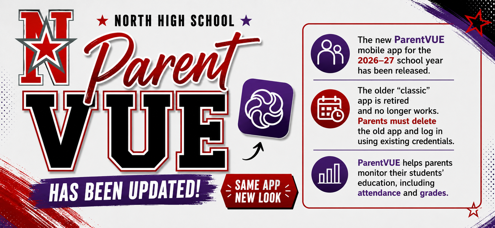 Announcement about updates to the ParentVUE mobile app for North High School.