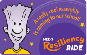 Cartoon of a boy with spiky hair promoting a school assembly event.