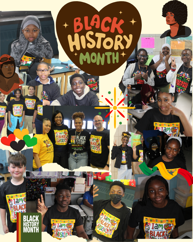 Collage celebrating Black History Month with diverse people in themed t-shirts.