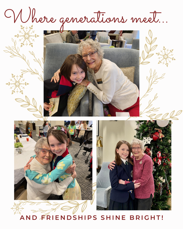 three photos of Emma with senior friend, Joye