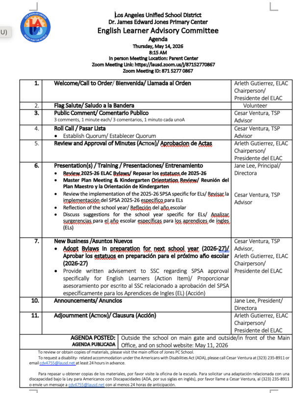 May 14, 2026 ELAC Agenda
