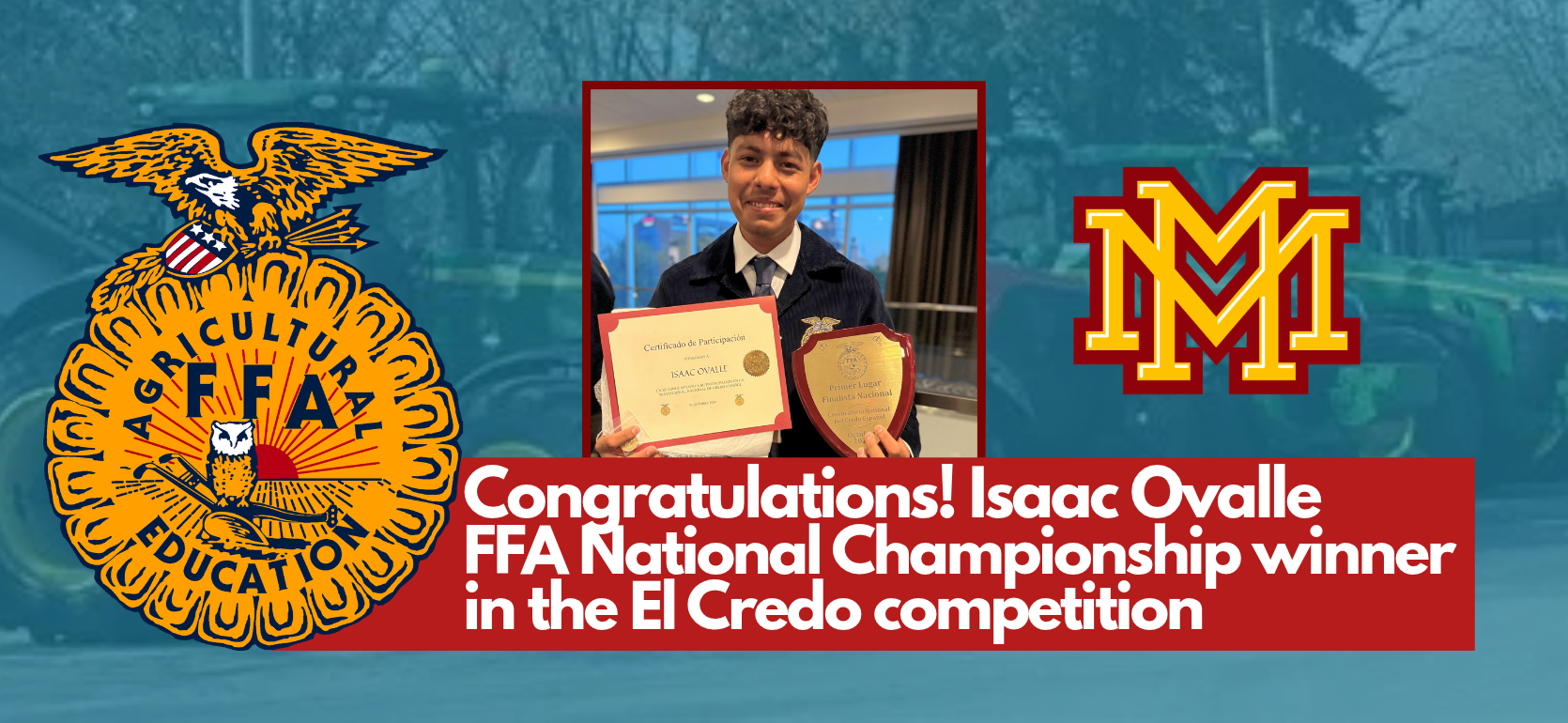 FFA National Championship winner Isaac Ovalle holding awards.