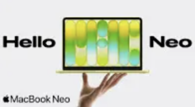 A hand holding a MacBook Neo displaying 'Hello' and 'Neo' on the screen.