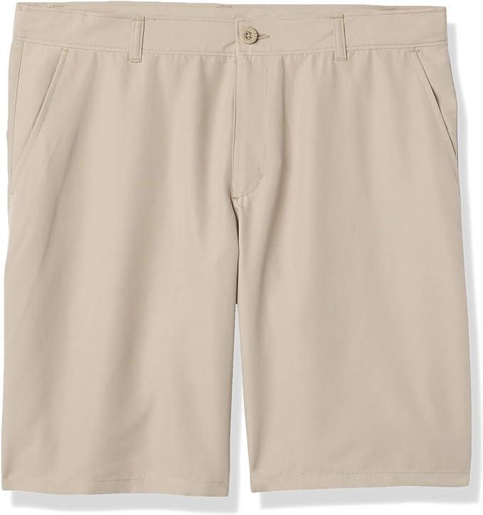 Beige knee-length shorts with pockets.